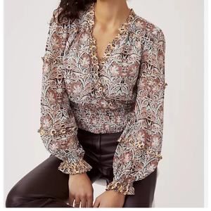 Anthropologie Paisley Print Faux Wrap Smocked Waist Top XS Boho Chiffon 8-260